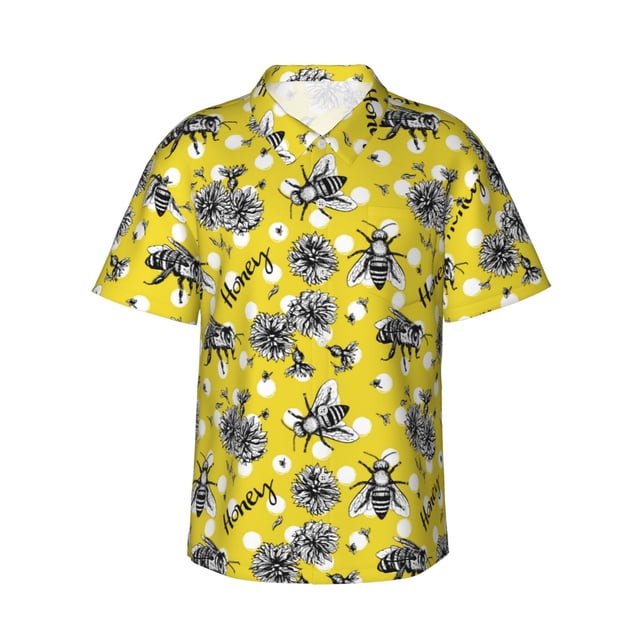 Fotbe Honeybee Camisa Hawaiana para Hombre Unisex – Camisa Casual de Verano con Botones de Manga Corta de Algodón y Lino,Small