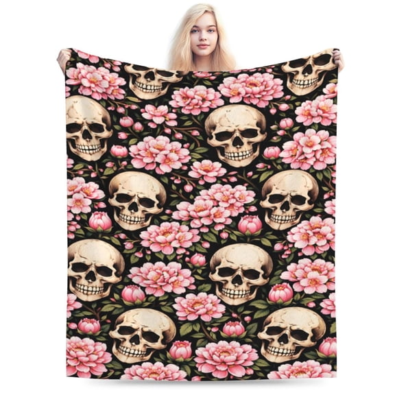 Floral Skull Art Throw Blanket, Gothic Botanical Illustration Pattern, Soft Lightweight Blanket for Couch Sofa Bed Home Decor 50x40