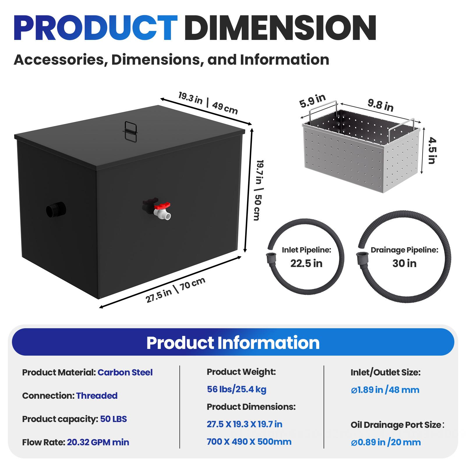 Grease Keeper Trap Jar, Grease Interceptor, 50 lb Commercial Grease Trap, Leak-Proof Carbon Steel Under Sink Grease Trap, 20.32 GPM Waste Water Oil-water Separator, for Commercial Kitchens