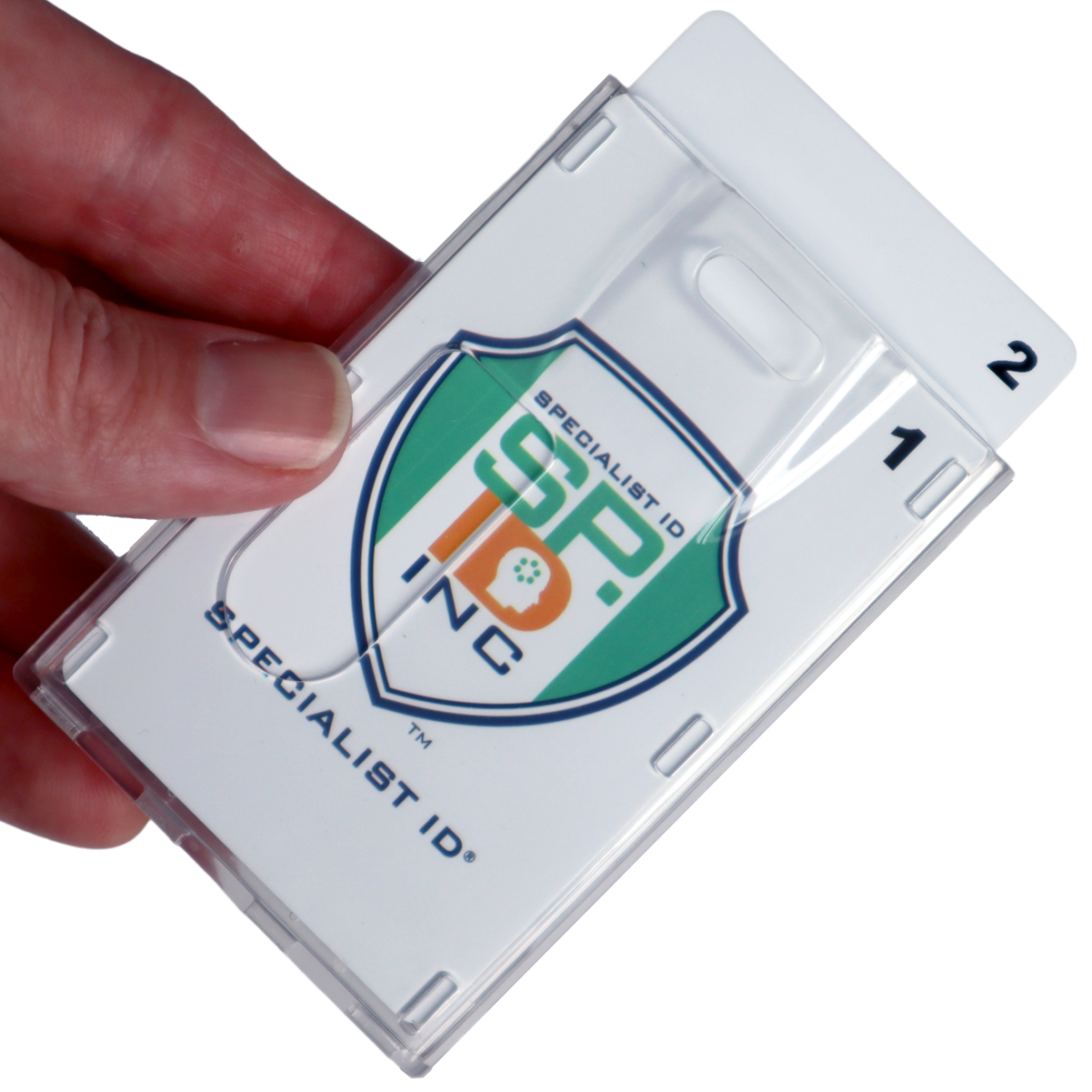 Bulk 25 Pack - Heavy Duty Crystal Clear Badge Holders (Hold Two Cards) - Vertical Dual Sided Card Cases - Polycarbonate Rigid/Hard Plastic with Secure Top Load by Specialist ID