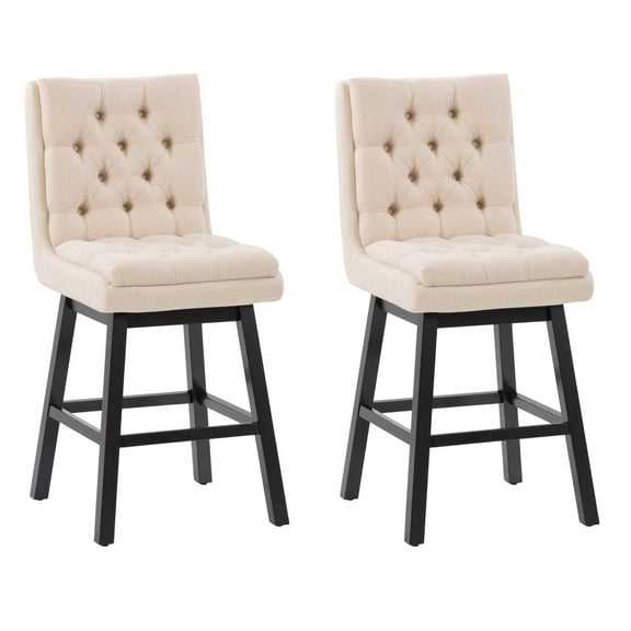 CorLiving Leilani Beige Modern Tufted Counter Height Bar Stools with Back and Wood Legs - Set of 2, Stylish Kitchen Island Chairs, Perfect Counter Stools for Kitchen, Dining