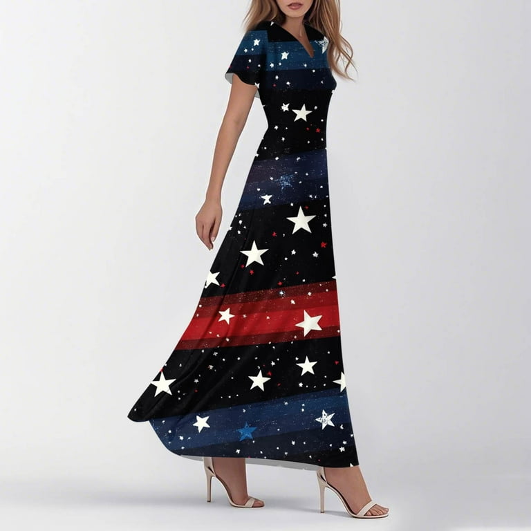 SAATLERI USA Flag Dress for Women Elegant Independence Day Print Dresses  Summer V Neck Short Sleeve America Clothes Summer Dresses