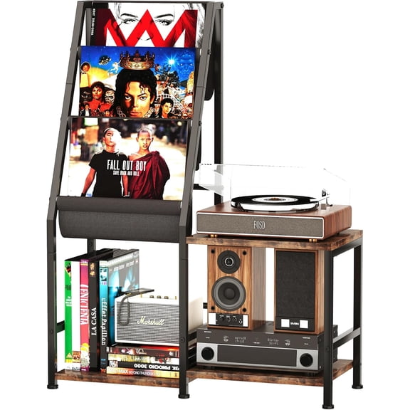 Record Player Stand with Vinyl Record Storage, 3-in-1 Record Cabinet & Turntable Stand, Fits 200 Albums, Vintage Media Storage Organizer, Rustic Brown
