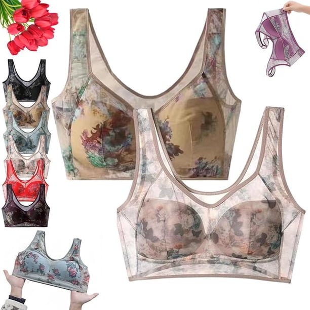 Foxyseniors Bra, ElleBloom Bra - Ultra Thin Ice Silk Lace Cooling Comfort Bra, Sujetadores Push Up inalámbricos sin Costuras para Mujer