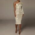 thumbnail image 4 of Labakihah dresses for women 2022 Women Fashion Solid Cold Shoulder Sequin Dress Skinny Ruched One Shoulder Sequin Long Dress Gold XXL, 4 of 9