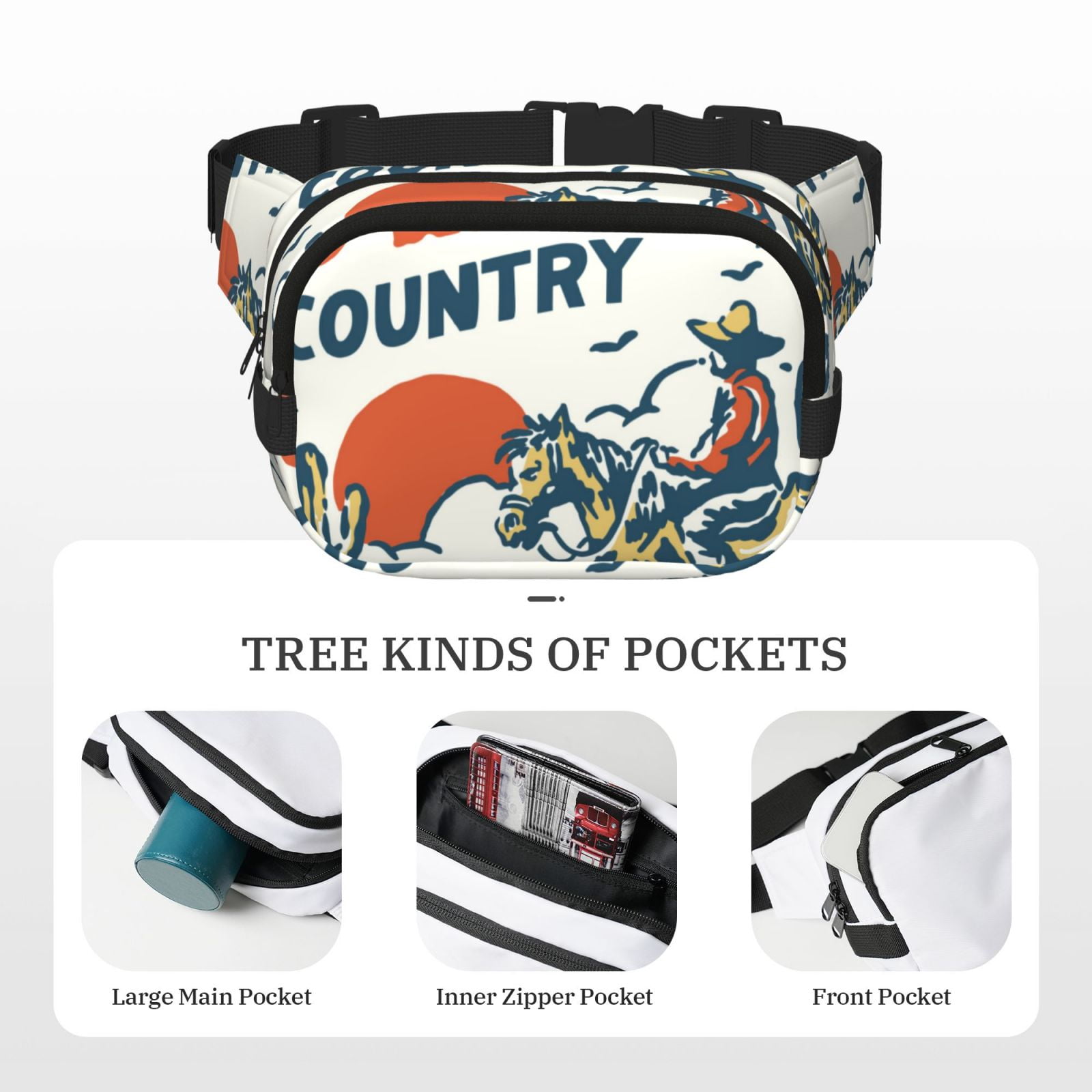 Picia Cowboy Rising Horse Print Square Double-Layer Waist Bag Mini Adjustable Waist Belt Bag Exercise Running Travel Hiking