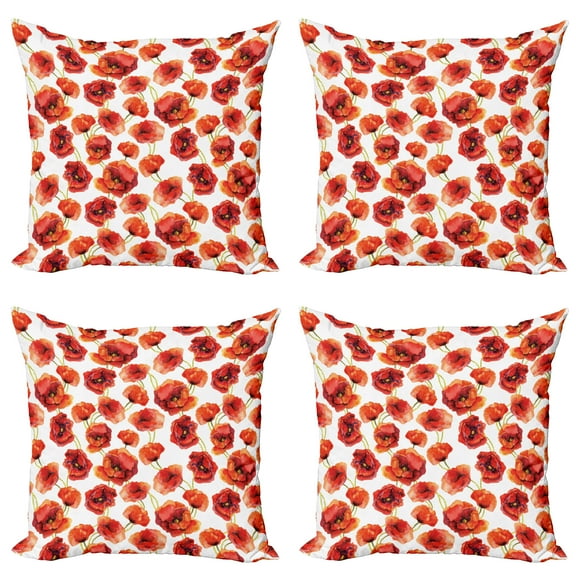 Ambesonne Flower Throw Pillow Cover 4 Pack, Poppies Garden Floral, 16", Scarlet White Red