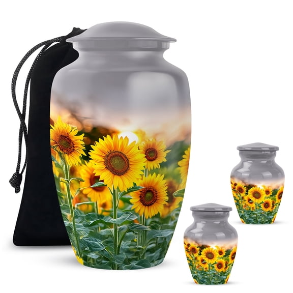 Yatskia Sunflower with Sunset Small Urns for Human Ashes Keepsake Adult Mom and Dad, Decorative Large Funeral Urn for Ashes Adult, (Classic 10 Inch and 3 Inch)