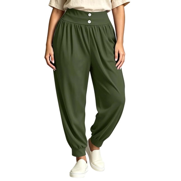 Rrxhxhs Harem Pants for Women Plus Size Solid Color High Waist Double Button Loose Casual Joggers with Pockets