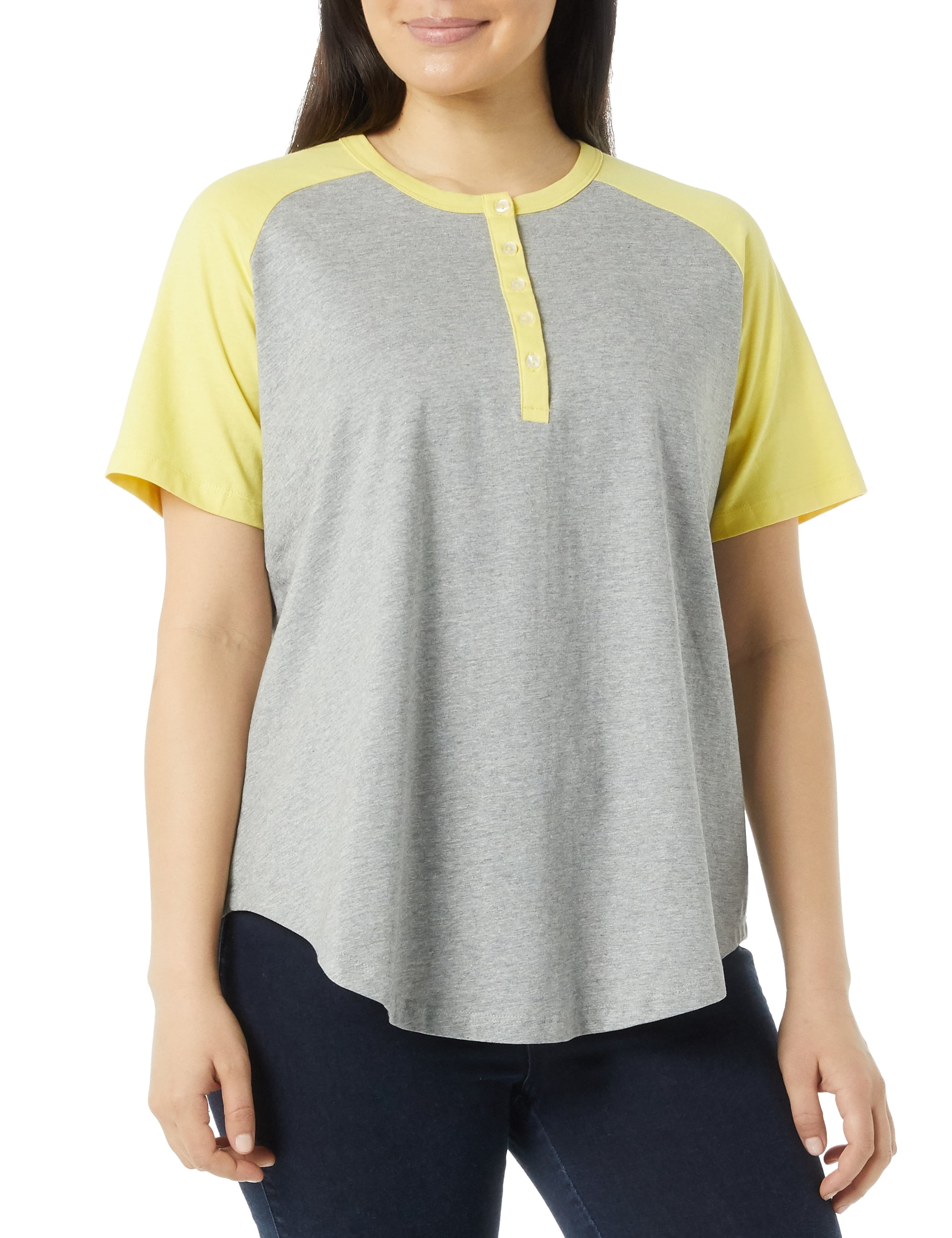 AmeriMark Womens Henley Baseball Shirt Tunic Top Contrast Sleeves Gray
