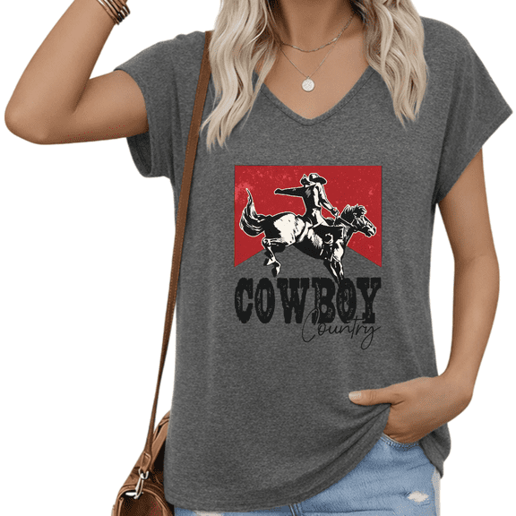 UNISHE Women V Neck Short Sleeve T Shirt Cowboy Country Western Graphic Casual Vintage Loose Plus Size Tee S-5XL