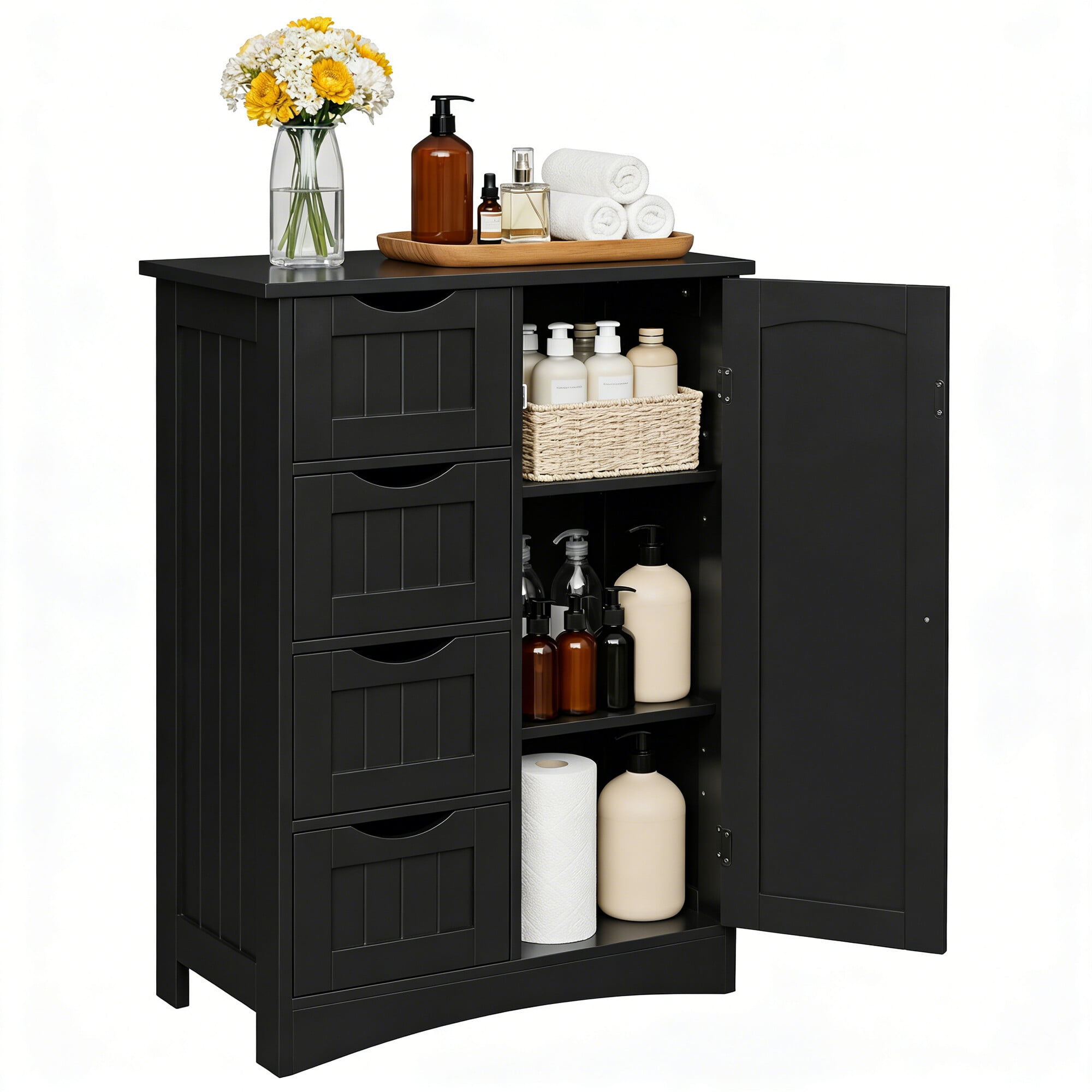 ZENY Bathroom Floor Cabinet, Freestanding Storage Cabinet with 4 Drawers and Adjustable Shelves, Modern Cupboard for Home Living Room Office, Black