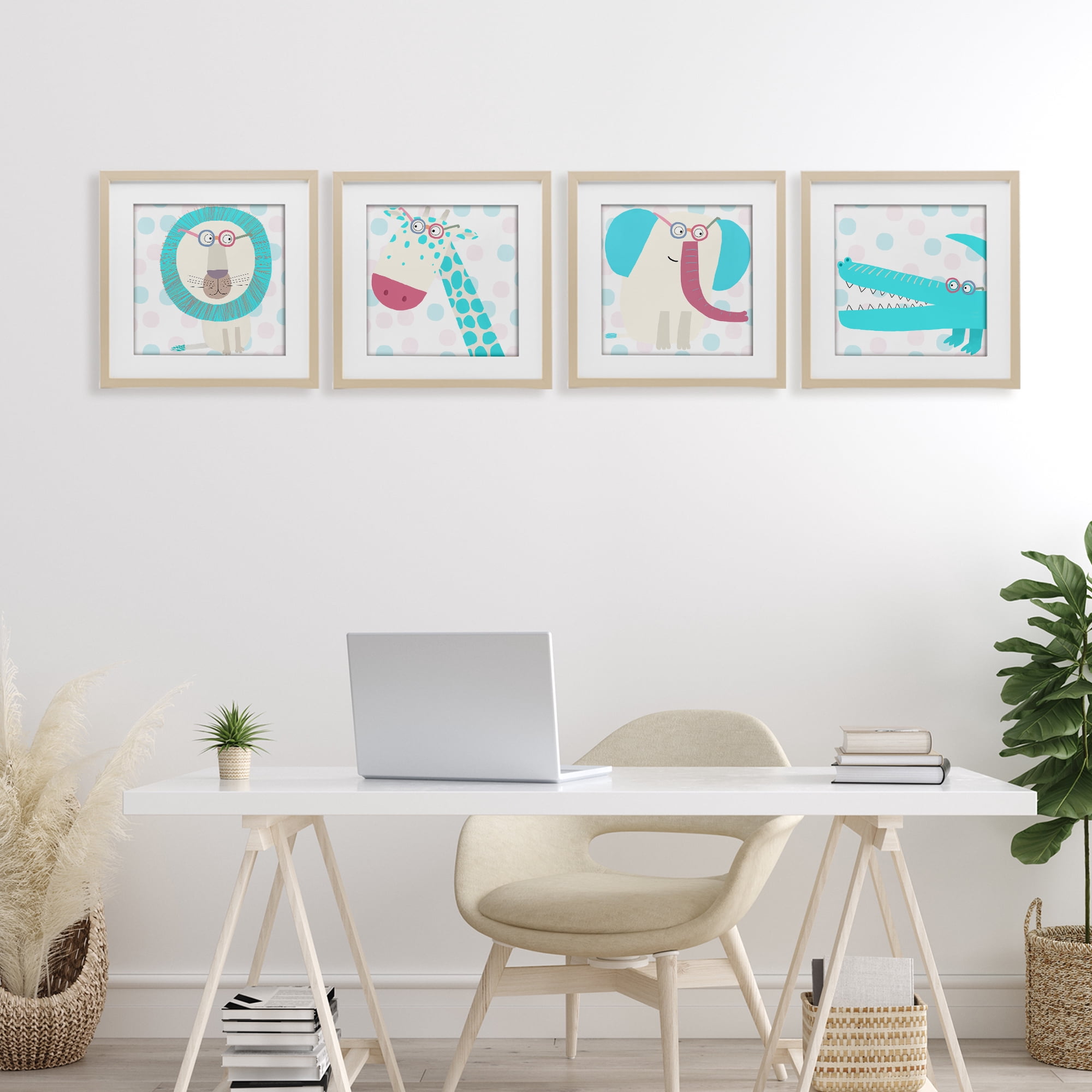 Stupell Industries Electric Blue Wild Animals 4 Piece Birch Framed Print Under Glass Set, design by Carla Daly