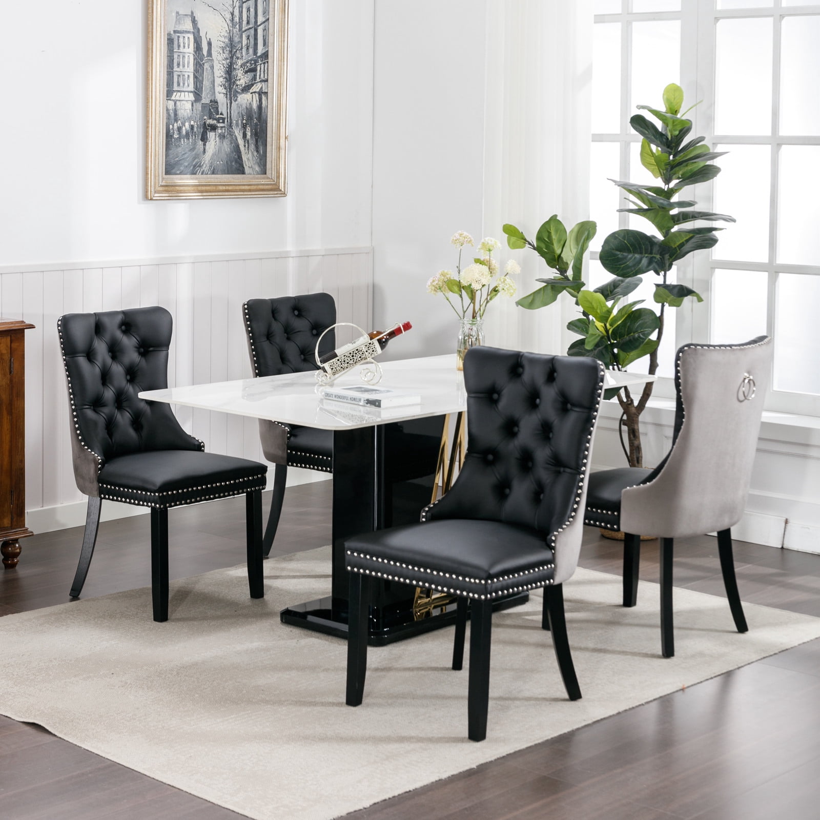 LegaHome Dining Room Chairs Set of 6, Modern Upholstered Velvet and PU Leather Dining Chair with Nailhead Trim and Solid Wood Legs, Tufted Button Padded Chairs Set for Kitchen Dining Room, Gray&Black