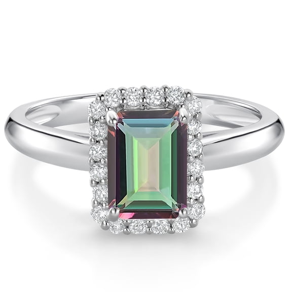 Gem Stone King 1.16 Ct Octagon Green Mystic Topaz G/H Lab Grown Diamond 10K White Gold Halo Engagement Ring (Size 6)