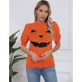 thumbnail image 4 of Pumpkin Ghost Face Graphic Sweaters for Women Halloween Day Crew Neck Pullover Sweater Cute Puff Short Sleeve Juniors Girls Sweater Blouse Shermie, 4 of 6