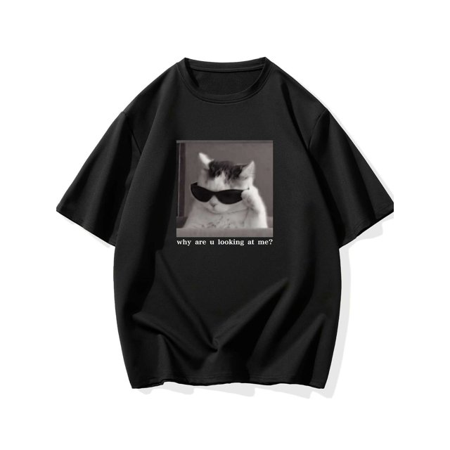 Women Men's "Why Are You Looking At Me?" Cat Print T-Shirt - Casual & Comfy 100% Cotton, Short Sleeve, Round Neck Tee in Black | Perfect for Summer Streetwear & Date Nights | Sizes S-3XL, Cat Tshirt