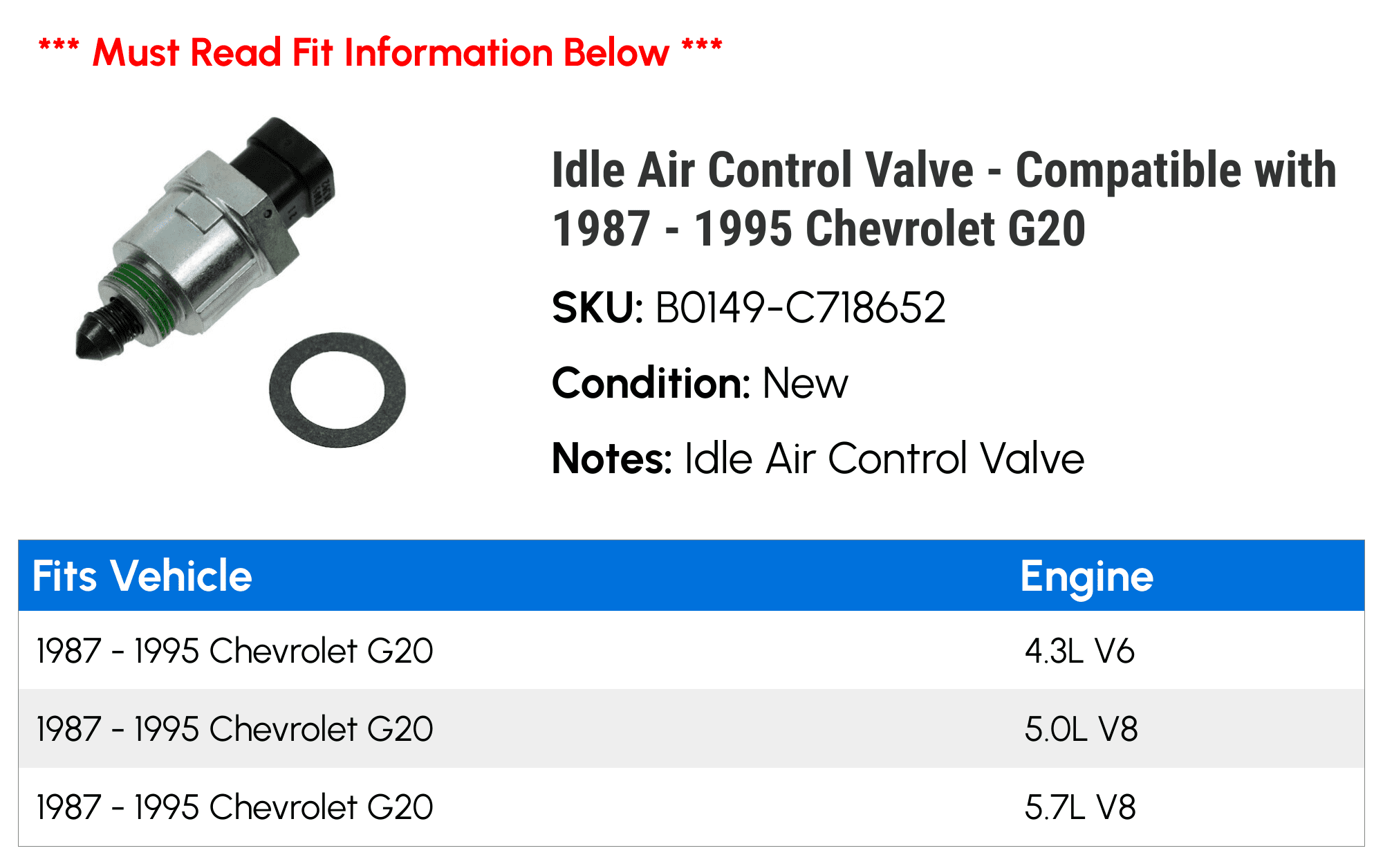 Idle Air Control Valve - Compatible with 1987 - 1995 Chevy G20 1988 1989 1990 1991 1992 1993 1994