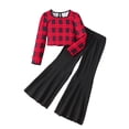 thumbnail image 2 of KYAIGUO Kids Girls Two Piece Spring Flare Pants Outfits Long Sleeve Plaid Shirt Blouse and Flare Pants Set for 8-12 Years Old, 2 of 11