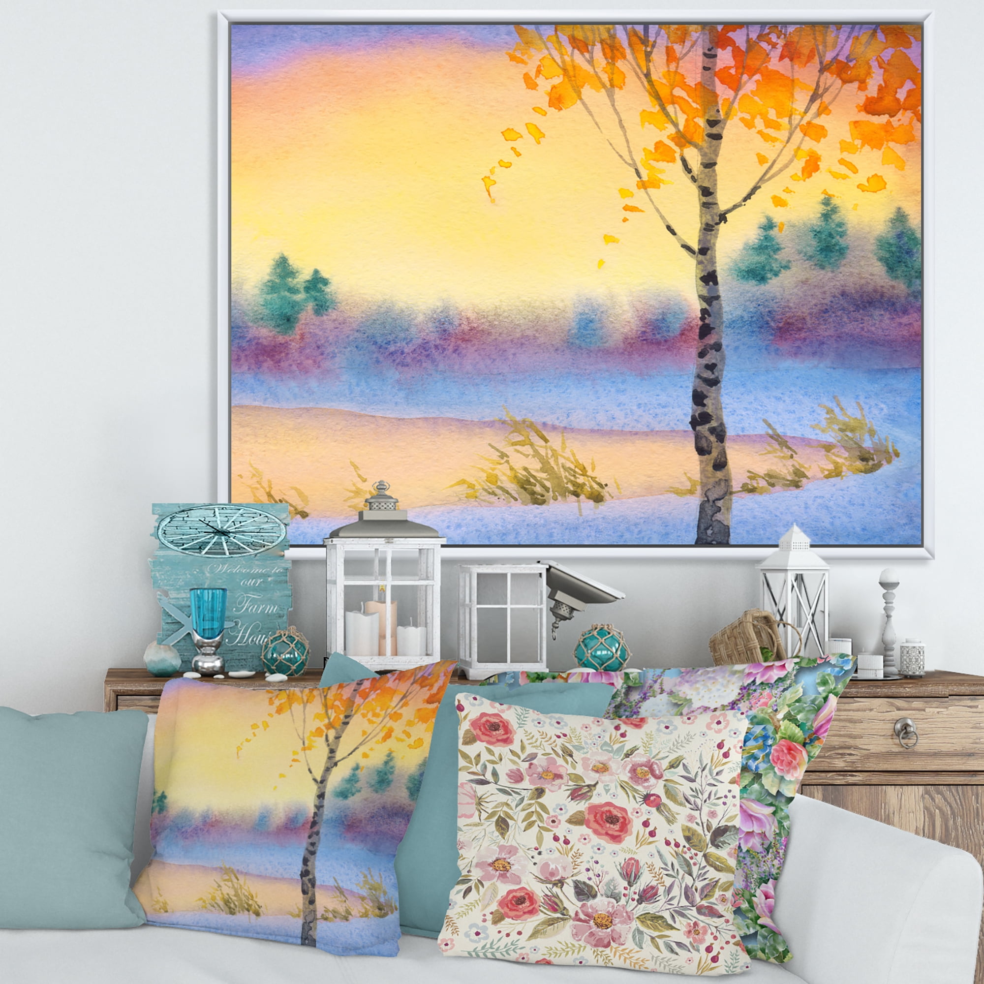 Evening Sky Over Lake Winter Landscape 40 in x 30 in Framed Painting Canvas Art Print, by Designart