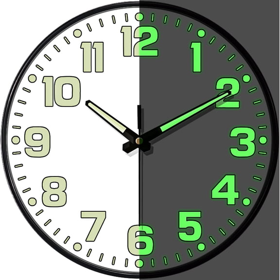Glow in The Dark Wall Clock Non Ticking, 10 inch Silent Wall Clocks Battery Operated, Large Number Tempered Glass, Round Night Light Analog Clock for Bedroom Living Room Kitchen Office, White