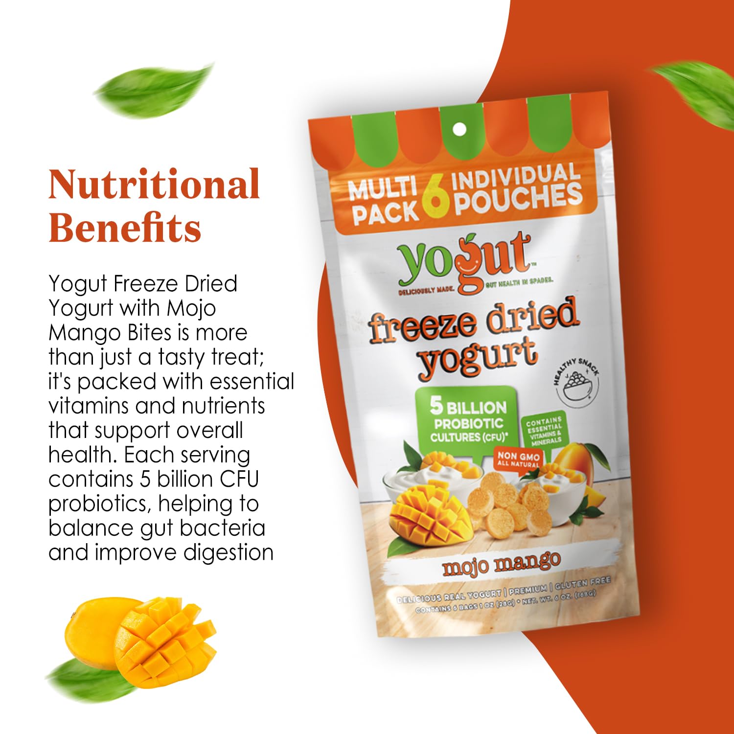 YoGut Freeze Dried Yogurt Snack Mango, 6 Pack, Crunchy Texture, Gluten Free, Non GMO, Probiotic Healthy Snack for Kids & Adults