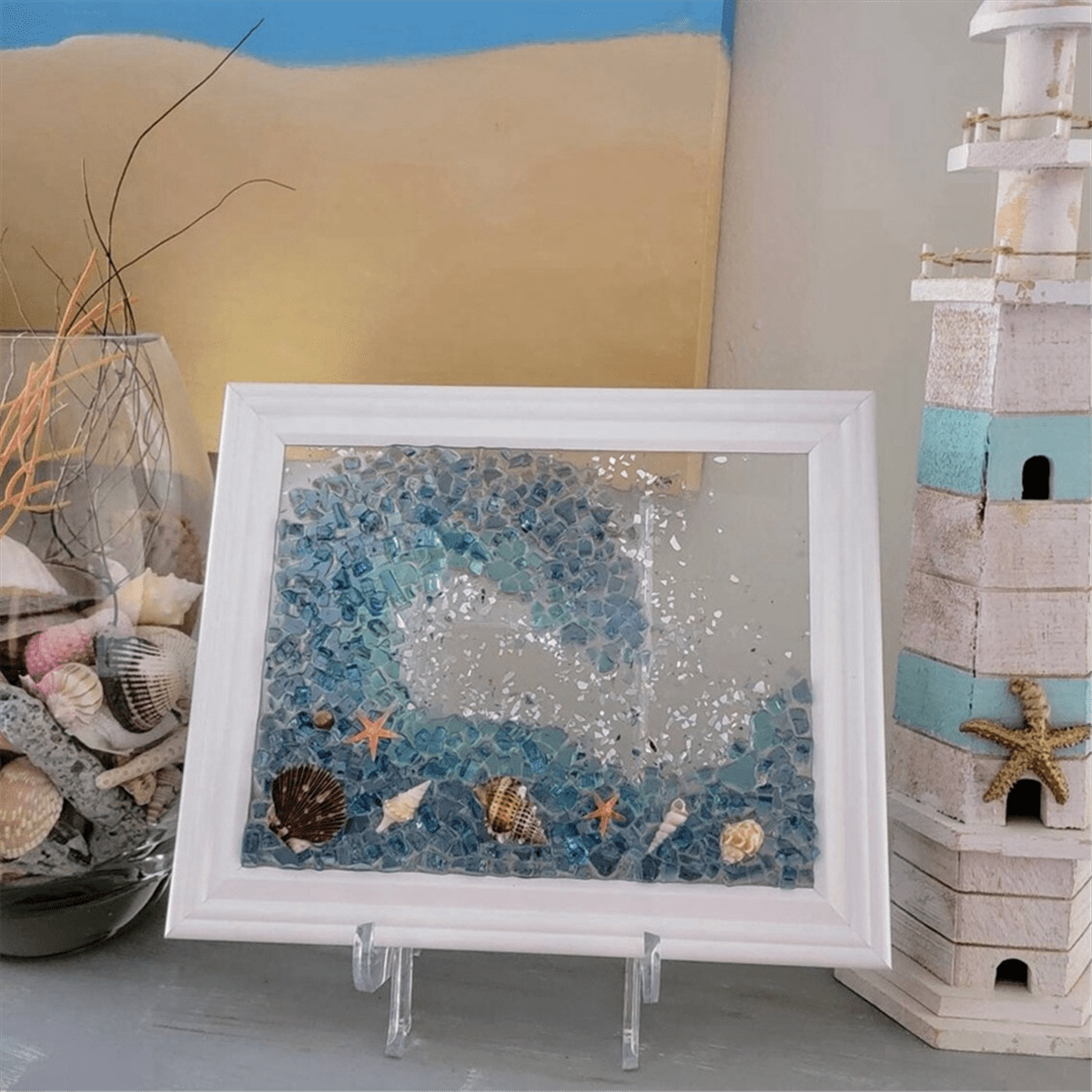 Ocean Theme Sea Glass Art Kit for Adults Photo Frame Easy Operation DIY Mosaic Arts and Craft Kits Handmade B