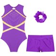 thumbnail image 3 of Sxiwei Kids Girls Gymnastics Dance Active Outfit Sleeveless Patchwork Rhinestones Leotard with Shorts Purple 10, 3 of 7