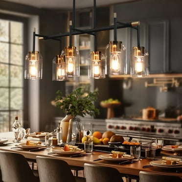 Savonnerie Modern Farmhouse 6-light Black Gold Linear Chandelier Islands Lights for Dining Room - L 27.5" x W 13" x H 11.5"