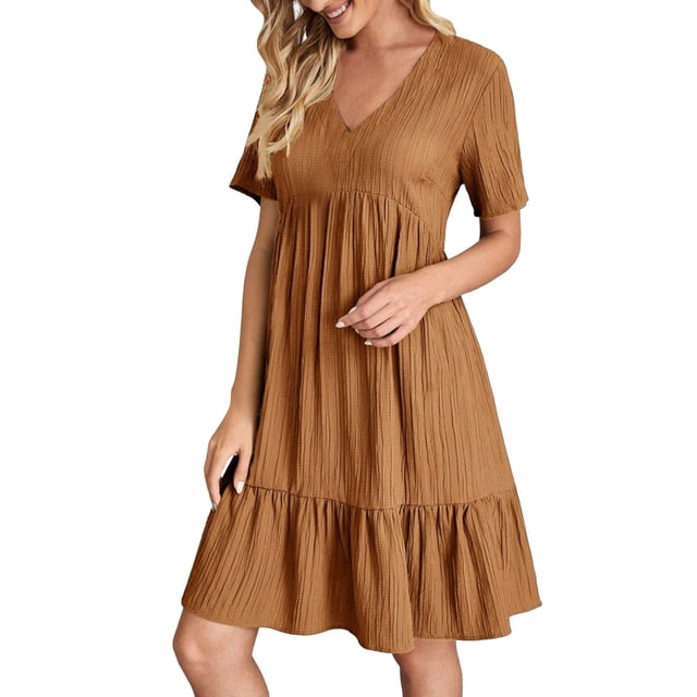 B91xZ Robes d'Été pour Femmes 2024 Col Carré Manches Courtes Dos Nu Volanté Robe Décontractée, Marron m