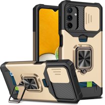 SaniMore Tri-layer Case for Samsung Galaxy A13 5G 6.5", Rugged PC Back Shockproof TPU Bumper Slide Window 360° Rotating Kickstand Card Slots Magnetic Car Mount Heavy Duty Protective Case, Gold