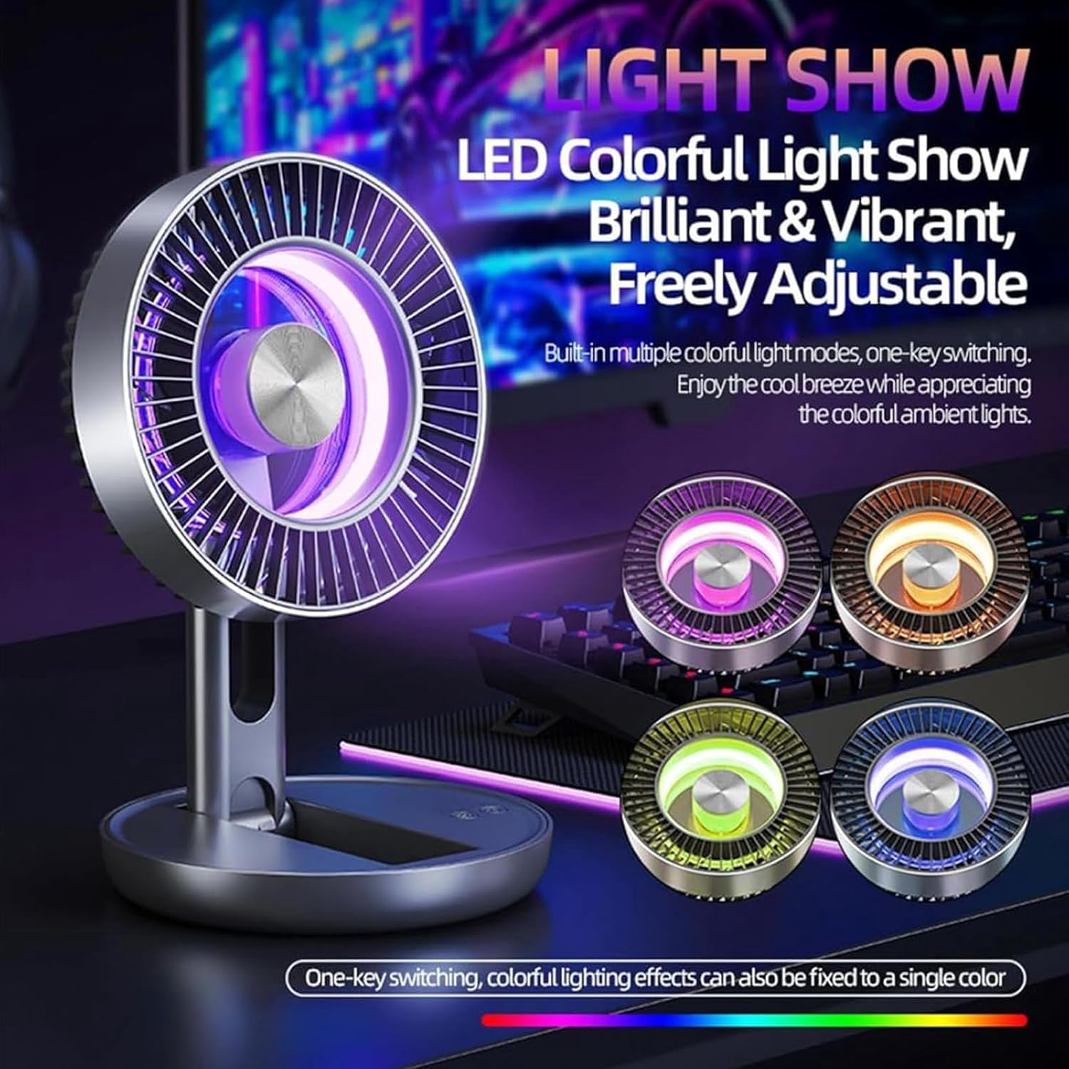 USB Desk Fan with LED Light, 3-in-1 Portable Foldable Table Fan, 5 Speeds, Rechargeable Wall-Mounted Quiet Cooling Fan for Home Office Kitchen Dorm(xxw)