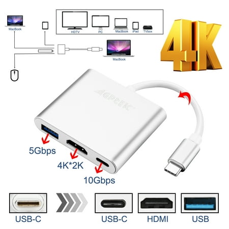 AGPtek New Type C USB 3.1 to USB-C 4K HDMI USB 3.0 Adapter 3 in 1 Hub Adapter Converter For Macbook Pro ChromeBook (Best Hdmi Adapter For Macbook Pro)