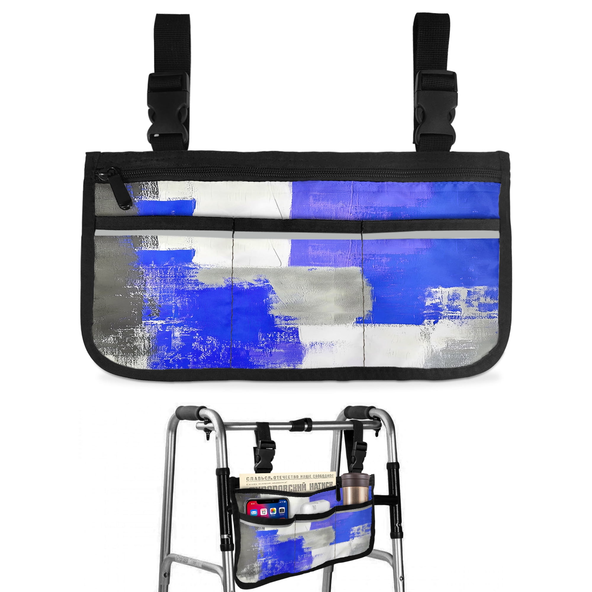 Navy Blue Grey Oil Painting Wheelchair Side Bag Walk Bag Basket, Abstract Modern Geometric Wheelchair Accessories Armrest Pouch, Organizer Storage Bags for Walkers, Rollators, Scooters, 7.3"x13"