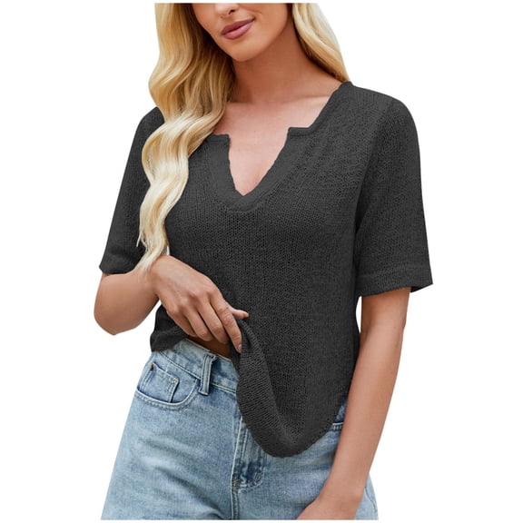 Zwiiyzr Women's T-Shirt Loose Solid Color V-Neck Short Sleeved Blouse Black (S)