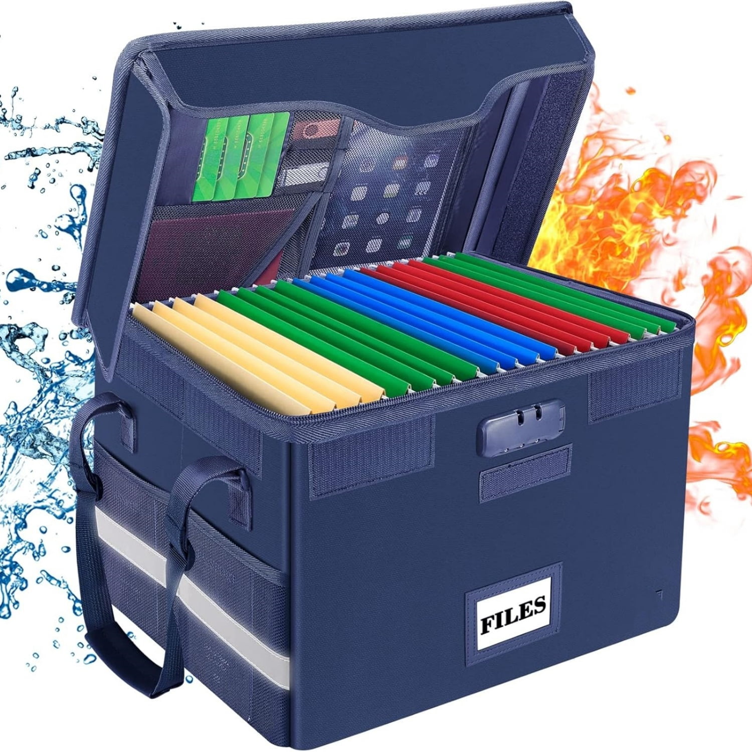 Fireproof Document Box with Lock, File Storage Organizer with Mesh Pockets, Collapsible Portable File Box Home Office Safe Filing Cabinet with Handle for Hanging Letter/Legal Folder, Blue