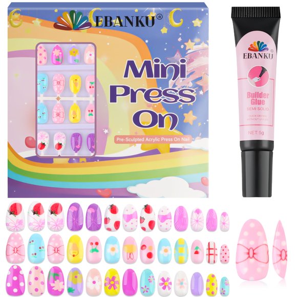 Press on Nails EBANKU Kids, funda completa, corta, falsa, 78 unidades