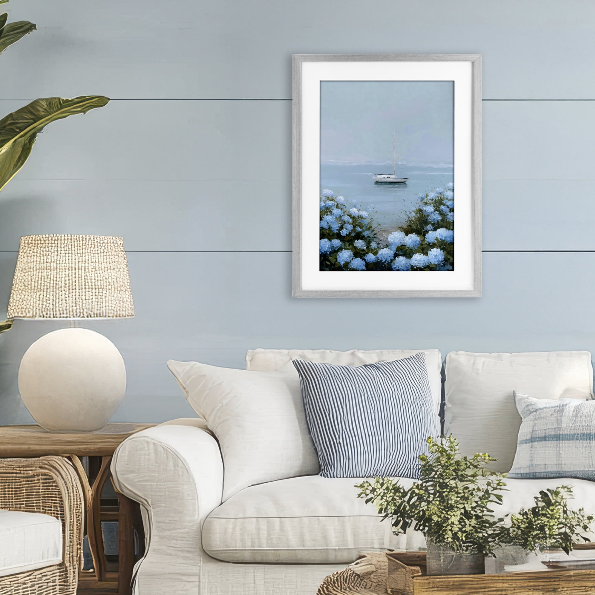 Stupell Industries Yacht in Floral Bay Gray Framed Print Under Glass, design by Petal Prints Design