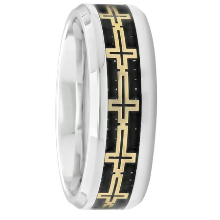 Men's Stainless Steel 8MM Gold Tone Cross on Carbon Fiber Wedding Band - Mens Ring