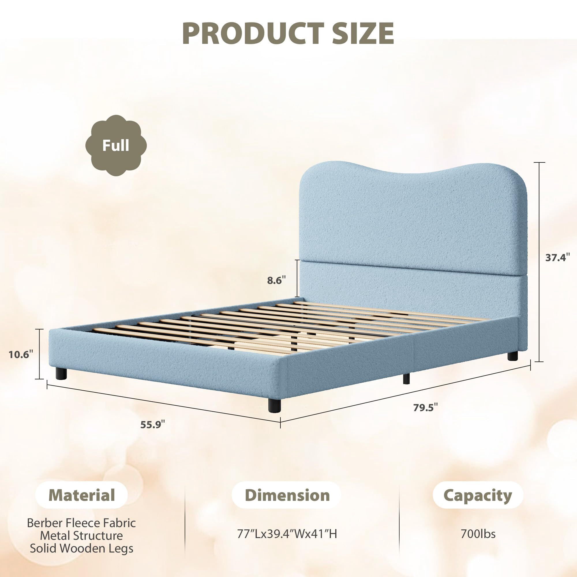 Jojoka Modern Full Bed Frame Upholstered in Soft Boucle Fabric, Sturdy Wooden Slats, No Gap Headboard, Easy Assembly, No Box Spring Needed, Blue