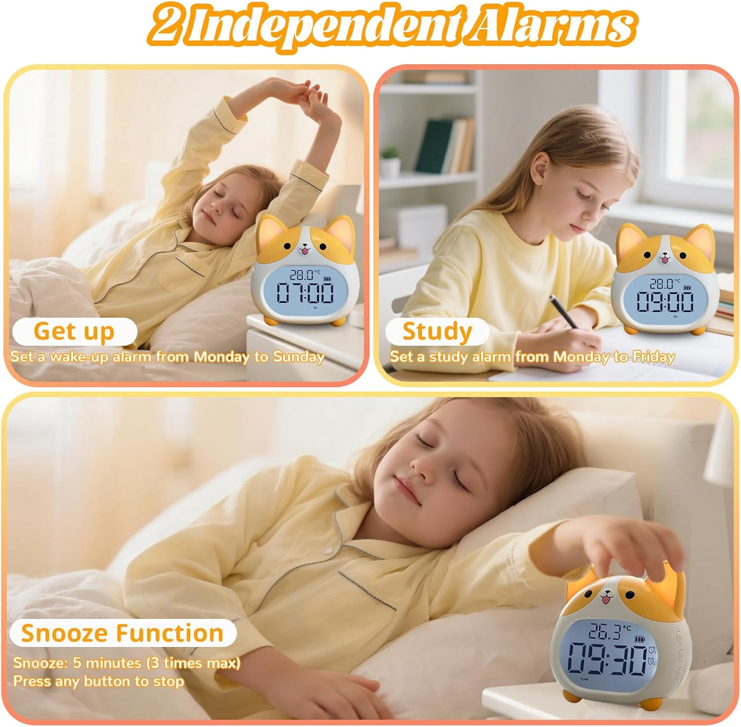 Alarm Clocks for Kids, Cute Corgi Clock with Night Light, 6 Alarm Tones, Snooze, Timer, Date and Temperature Display - Rechargeable Battery Operated Digital Clocks for Bedroom Kids Room