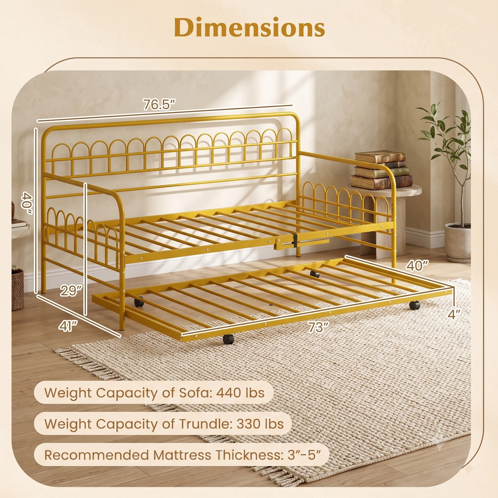 Furnibear Twin Metal Daybed with Pull-Out Trundle and Arched Rail Detailing on Lockable Casters for Bedroom and Guest Room, Gold