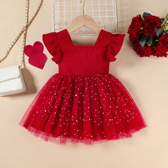 Girl Dresses Solid Print Square Neck Ruffles Short Sleeve Mesh Tiered Dress for Casual Wear Girls Spring Dress Red 9 Months-12 Months