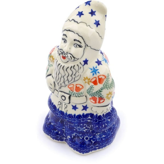 Polish Pottery 6½-inch Santa Clause Figurine (Wreath Of Bealls Theme) Hand Painted in Boleslawiec, Poland   Certificate of Authenticity