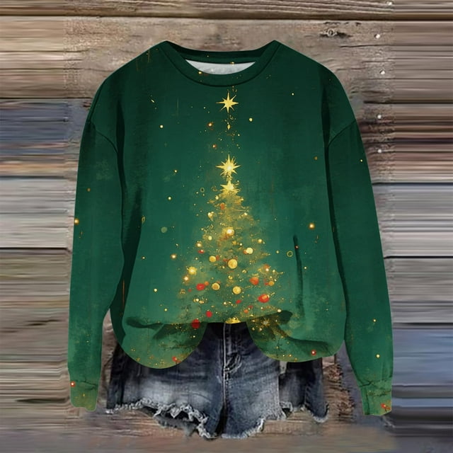 Chandails en Molleton de Noël pour Femmes Grande Taille Col Rond Imprimé Père Noël Manches Longues Vêtements d'Automne Amusants Violet G
