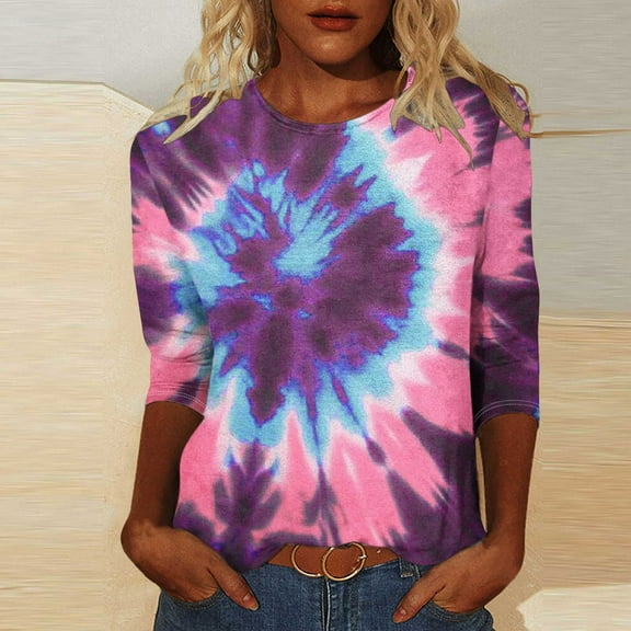 VgaVtl Womens T Shirts Graphic Long Sleeve Pink Women's Tops Loose Print Tie-Dye Casual Tops