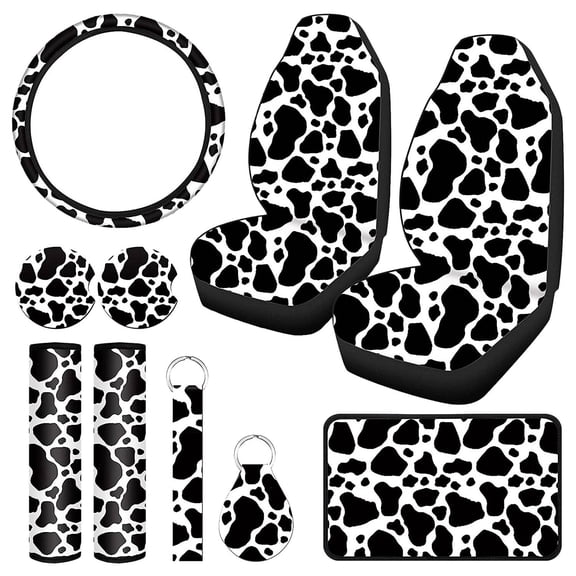 10PCS Cow Print Car Seat Cover Kit, Car Steering Wheel Cover, Seat Belt Pads, Car Floor Mats, Car Coasters, Armrest Pad,Black&white