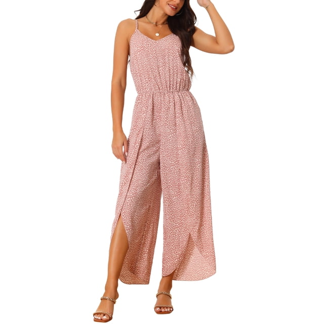 INSPIRAR CHIC Mono de Verano Casual para Mujeres con Tirantes Espagueti, Sin Mangas, Cuello en V, Cintura con Cinta, Pierna Ancha, Color Rosa Polvoriento, Talla L
