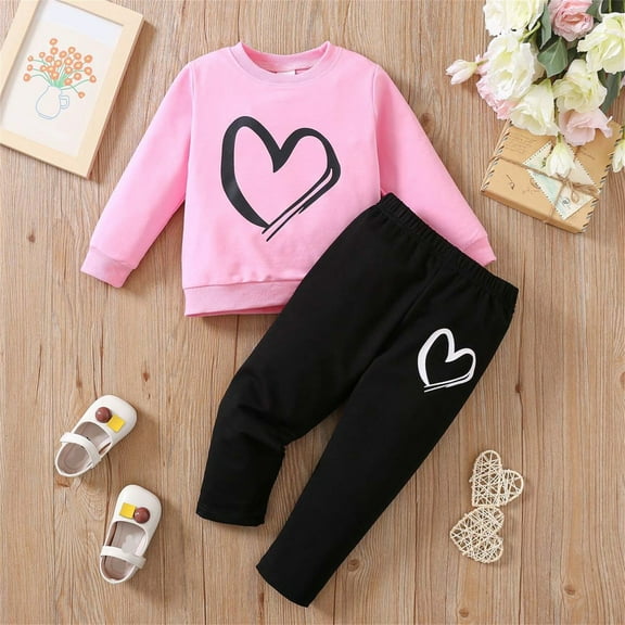 Toddler Kids Children Baby Girls Long Sleeve Heart Print Tops Blouse Pants Trousers Outfits Set 2PCS Clothes