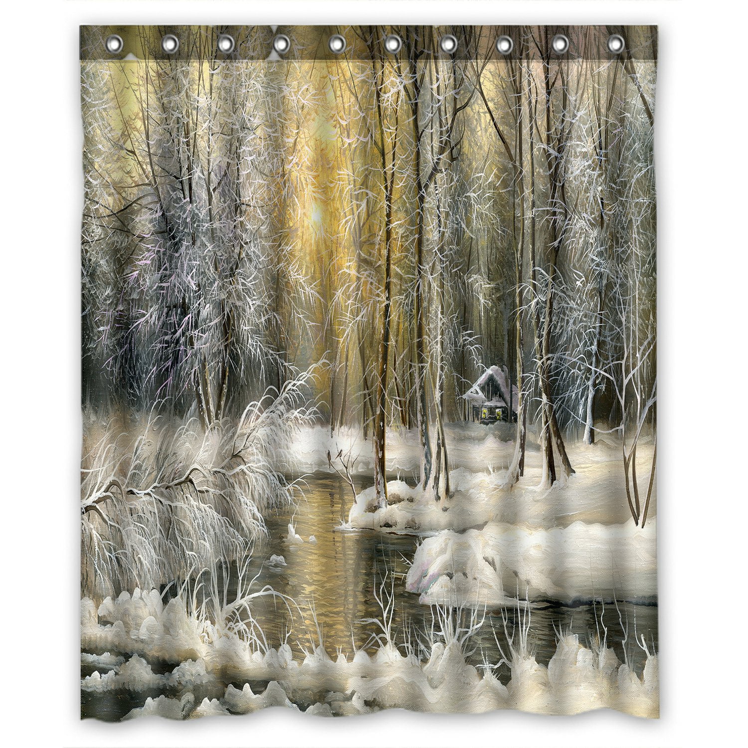 PHFZK Landscape Nature Scenery Shower Curtain, Winter Snow View with